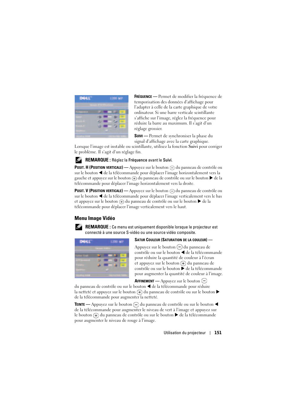 Menu image vidéo | Dell Projector 1200MP User Manual | Page 151 / 904