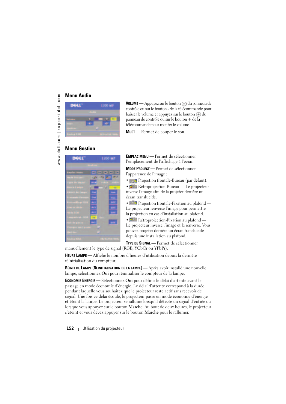 Menu audio, Menu gestion | Dell Projector 1200MP User Manual | Page 152 / 904