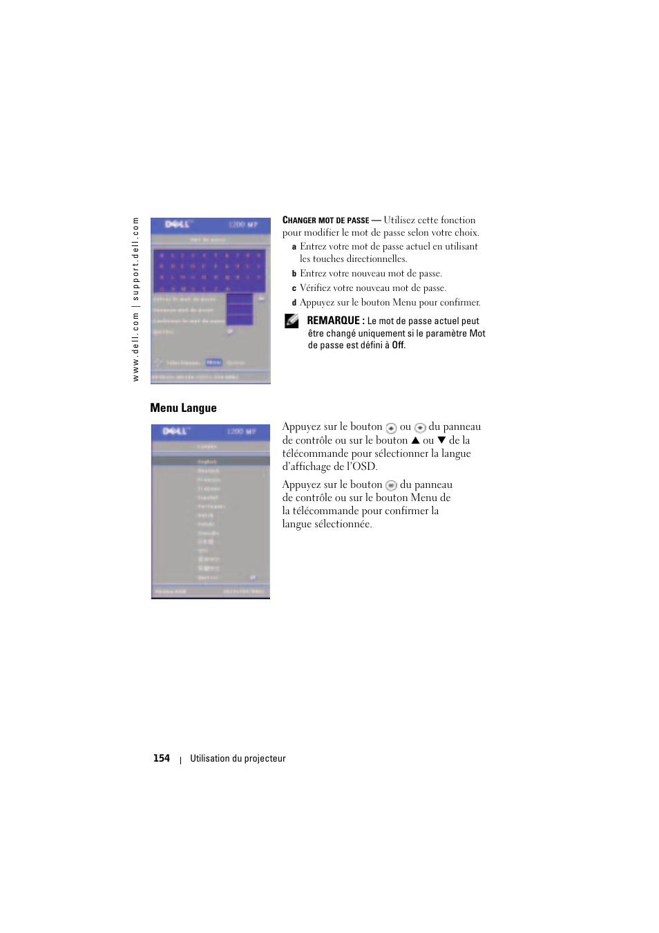 Menu langue | Dell Projector 1200MP User Manual | Page 154 / 904