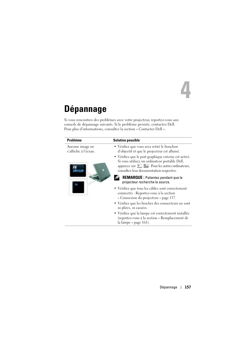 Dépannage, 4 dépannage | Dell Projector 1200MP User Manual | Page 157 / 904