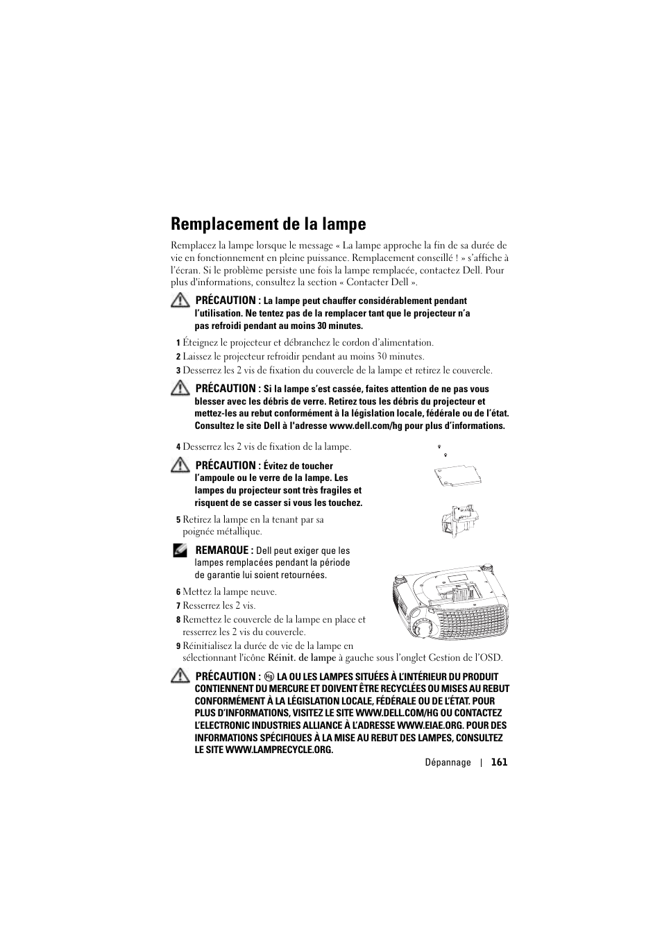 Remplacement de la lampe | Dell Projector 1200MP User Manual | Page 161 / 904