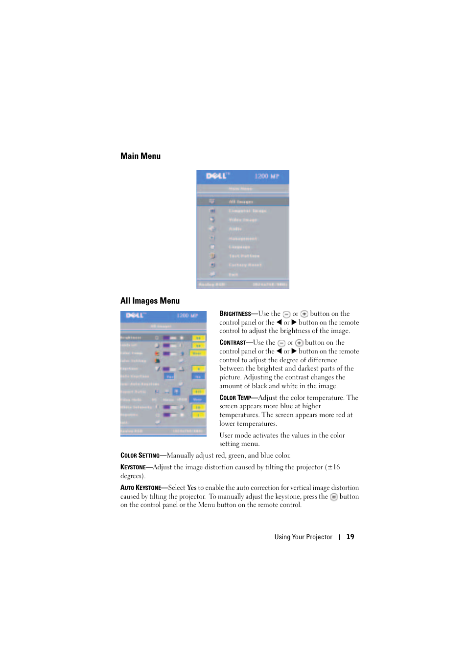 Main menu, All images menu, Main menu all images menu | Dell Projector 1200MP User Manual | Page 19 / 904