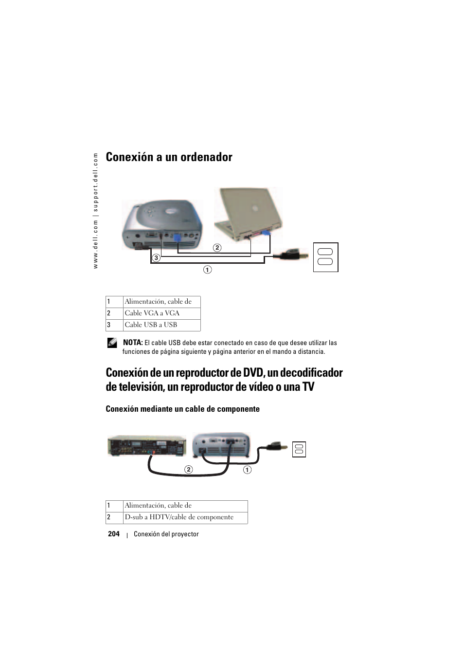 Conexión a un ordenador, Conexión mediante un cable de componente | Dell Projector 1200MP User Manual | Page 204 / 904