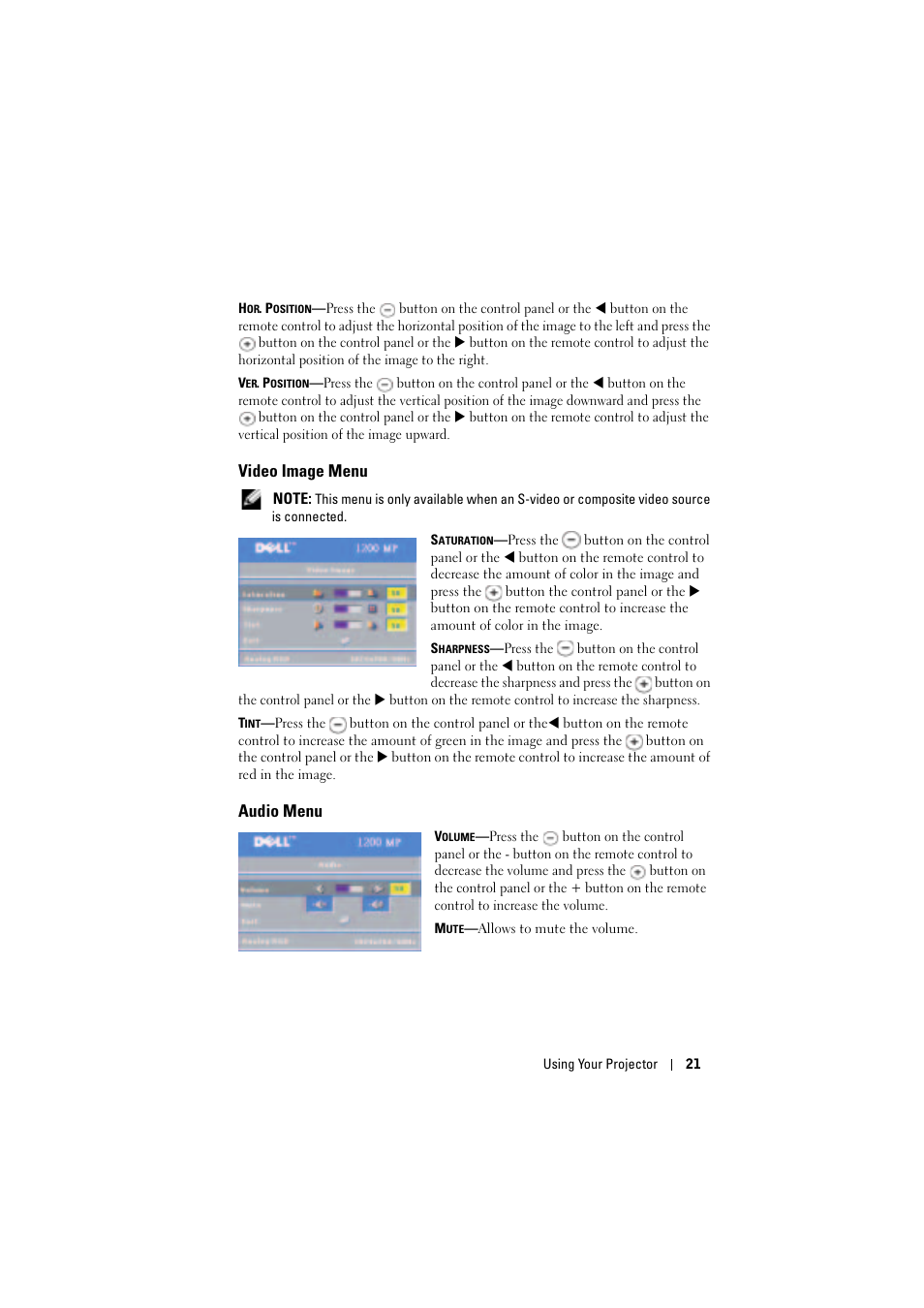 Video image menu, Audio menu | Dell Projector 1200MP User Manual | Page 21 / 904