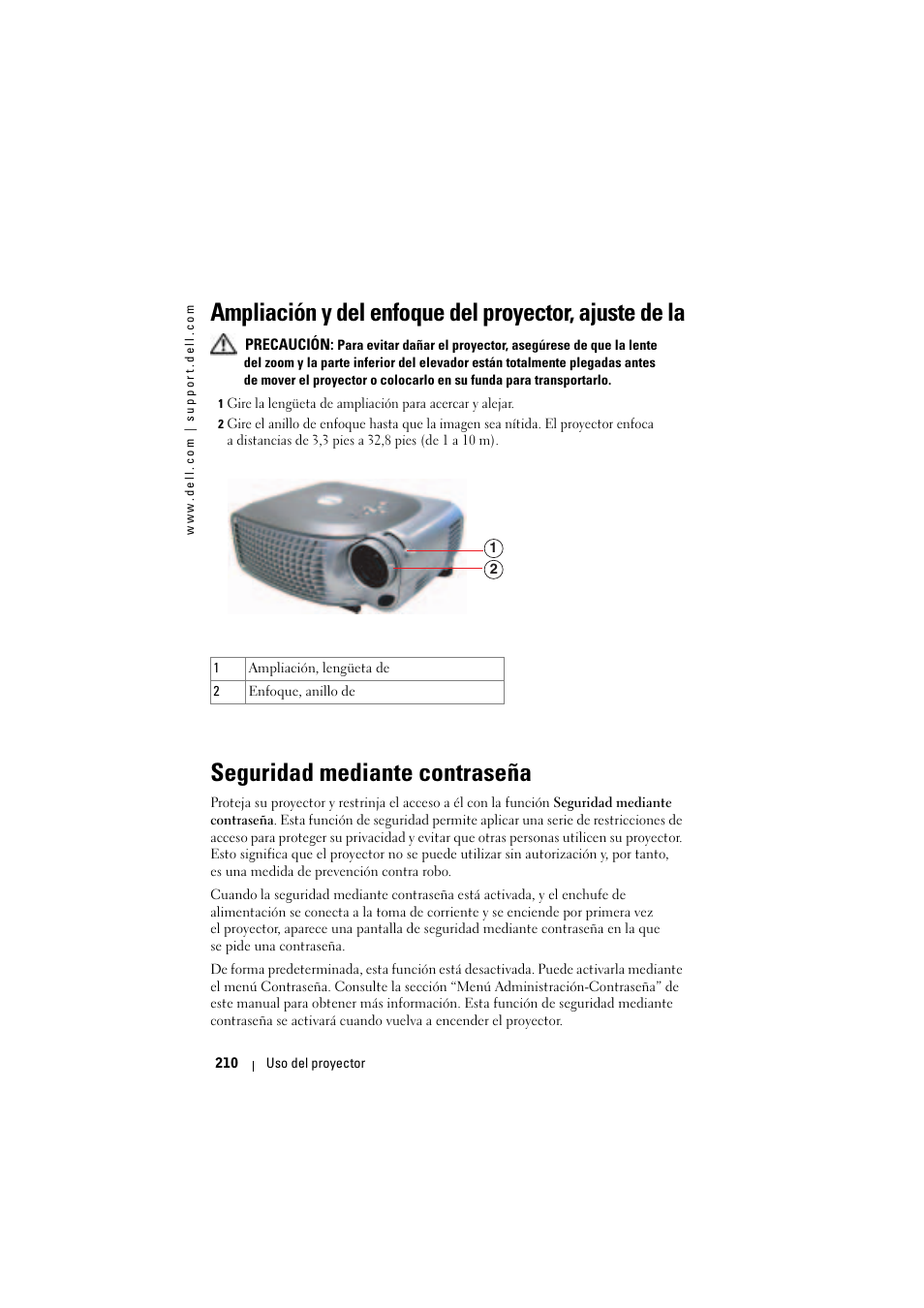 Seguridad mediante contraseña | Dell Projector 1200MP User Manual | Page 210 / 904