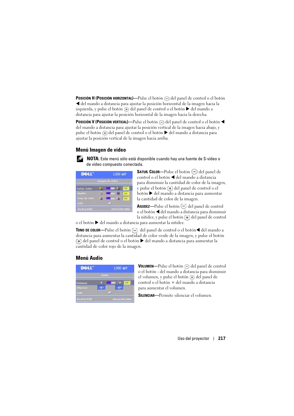 Menú imagen de vídeo, Menú audio | Dell Projector 1200MP User Manual | Page 217 / 904