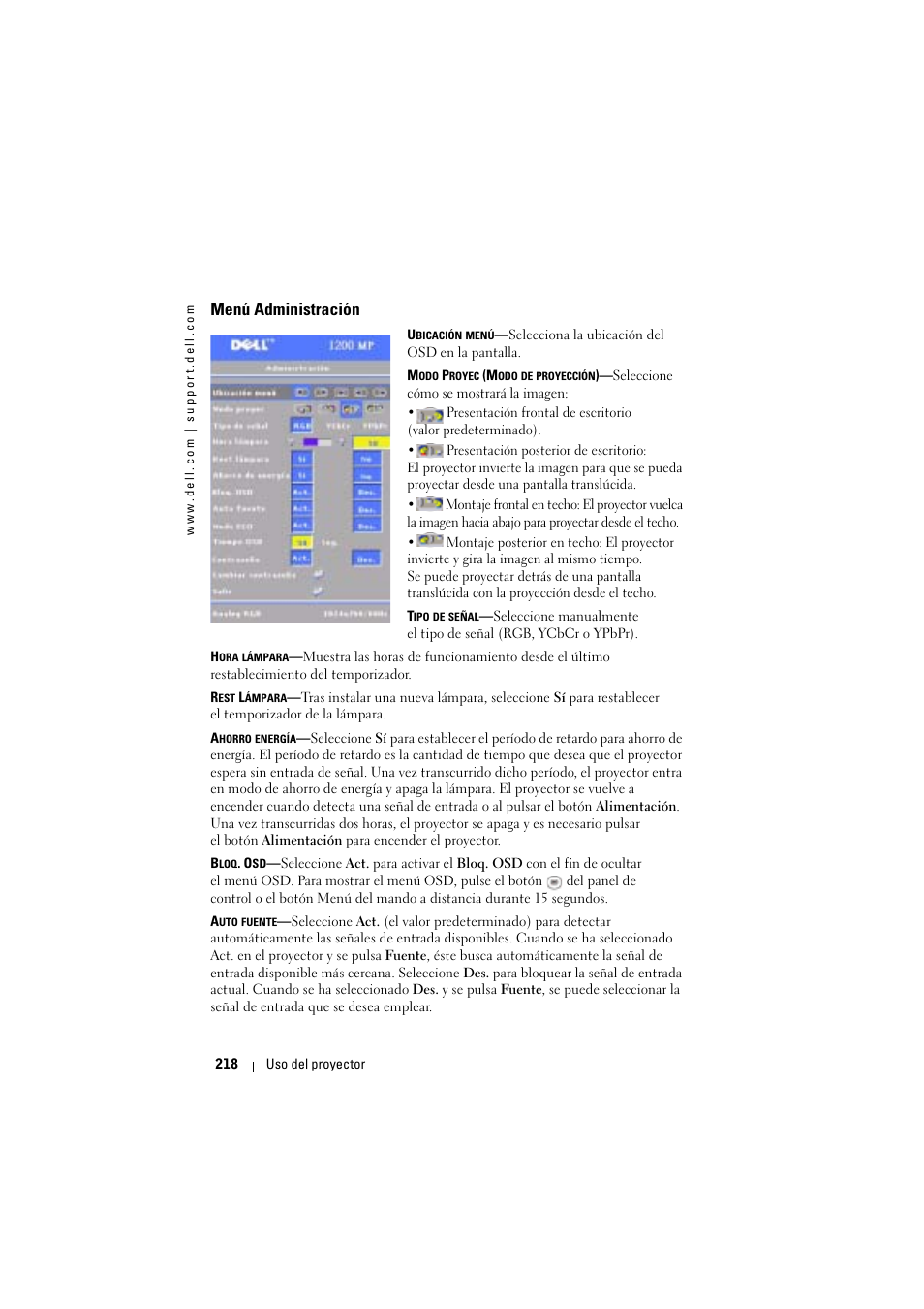 Menú administración | Dell Projector 1200MP User Manual | Page 218 / 904