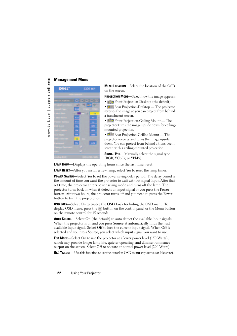 Management menu | Dell Projector 1200MP User Manual | Page 22 / 904