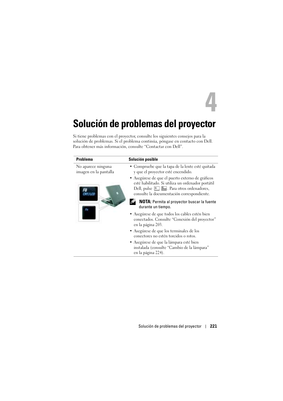 Solución de problemas del proyector, 4 solución de problemas del proyector | Dell Projector 1200MP User Manual | Page 221 / 904