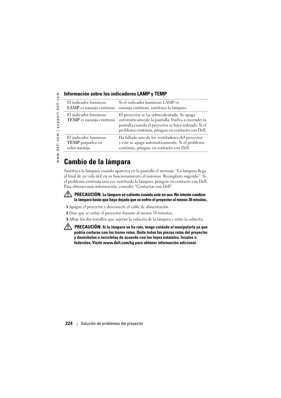 Cambio de la lámpara | Dell Projector 1200MP User Manual | Page 224 / 904