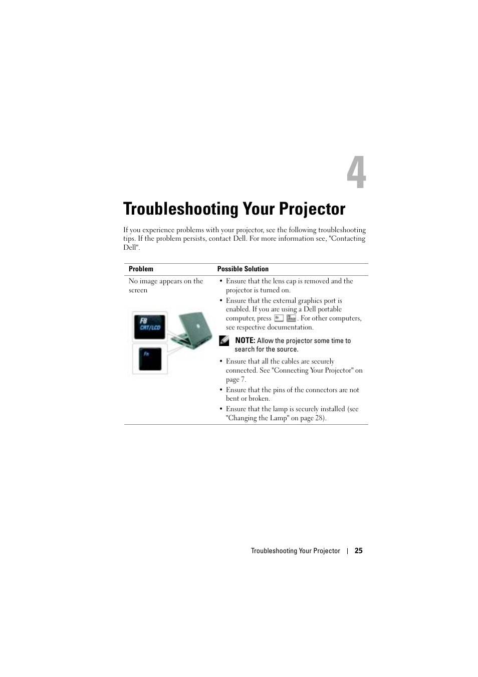 Troubleshooting your projector, 4 troubleshooting your projector | Dell Projector 1200MP User Manual | Page 25 / 904