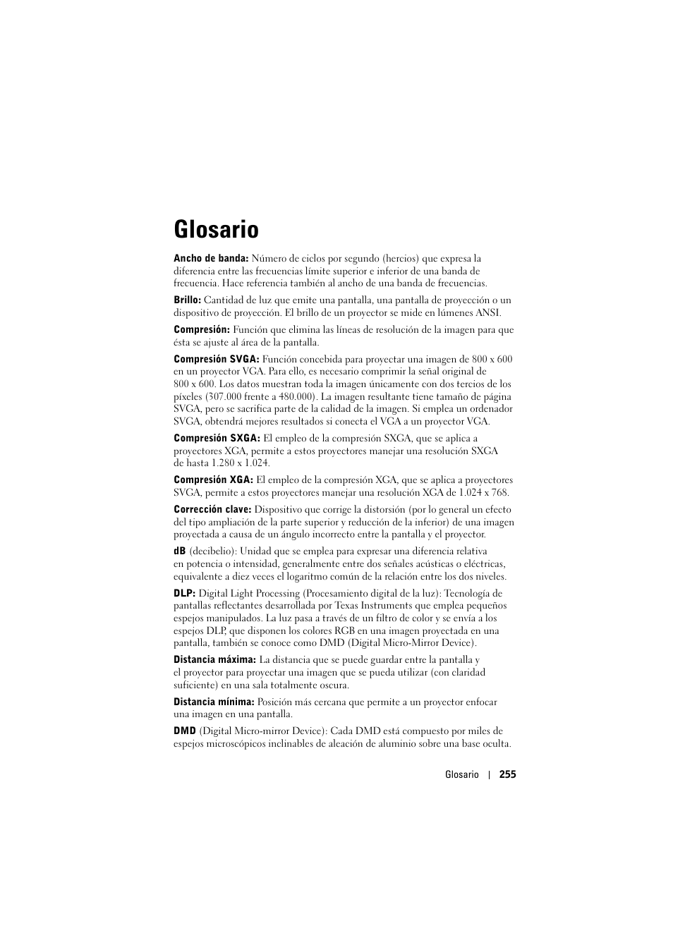 Glosario | Dell Projector 1200MP User Manual | Page 255 / 904