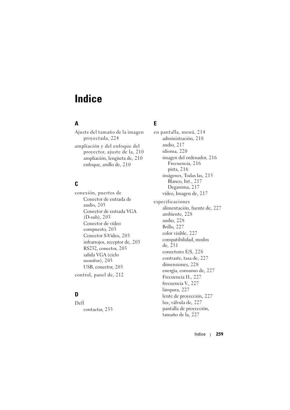 Indice | Dell Projector 1200MP User Manual | Page 259 / 904