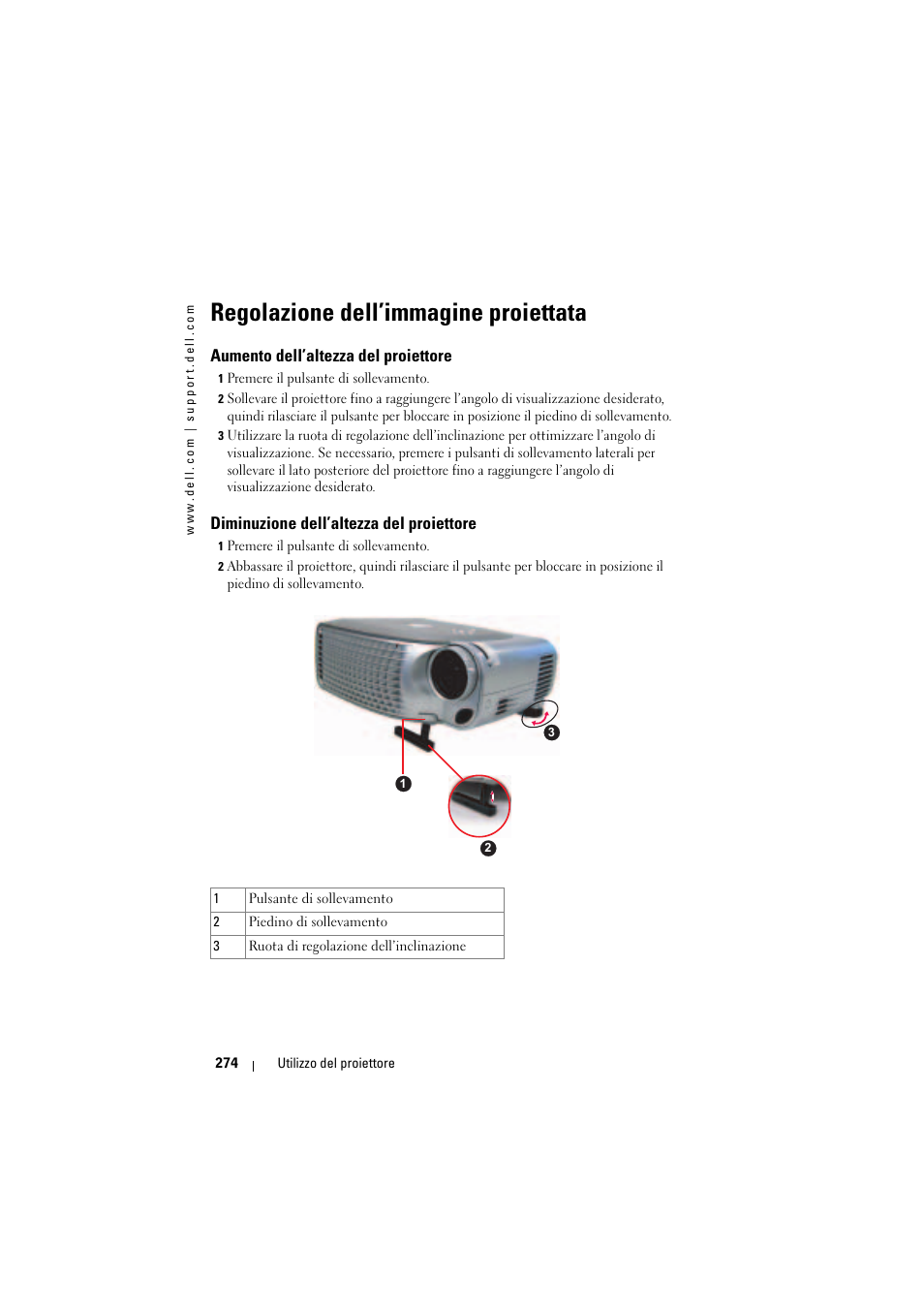 Regolazione dell’immagine proiettata, Aumento dell’altezza del proiettore, Diminuzione dell’altezza del proiettore | Dell Projector 1200MP User Manual | Page 274 / 904