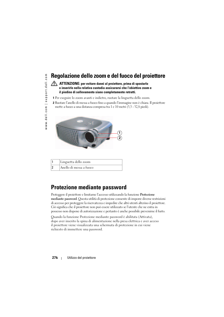 Regolazione dello zoom e del fuoco del proiettore, Protezione mediante password | Dell Projector 1200MP User Manual | Page 276 / 904