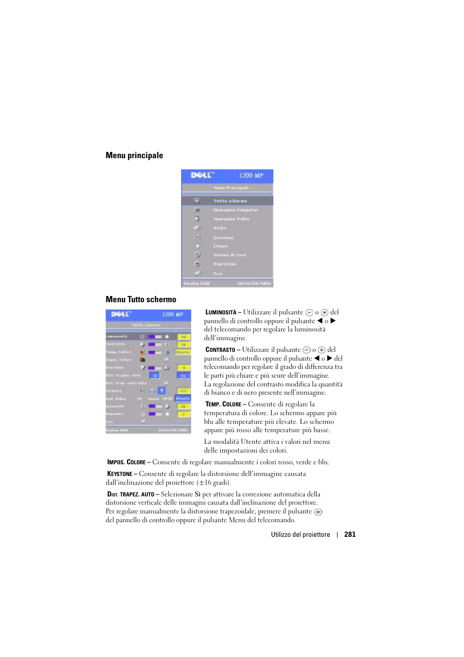 Menu principale, Menu tutto schermo, Menu principale menu tutto schermo | Dell Projector 1200MP User Manual | Page 281 / 904