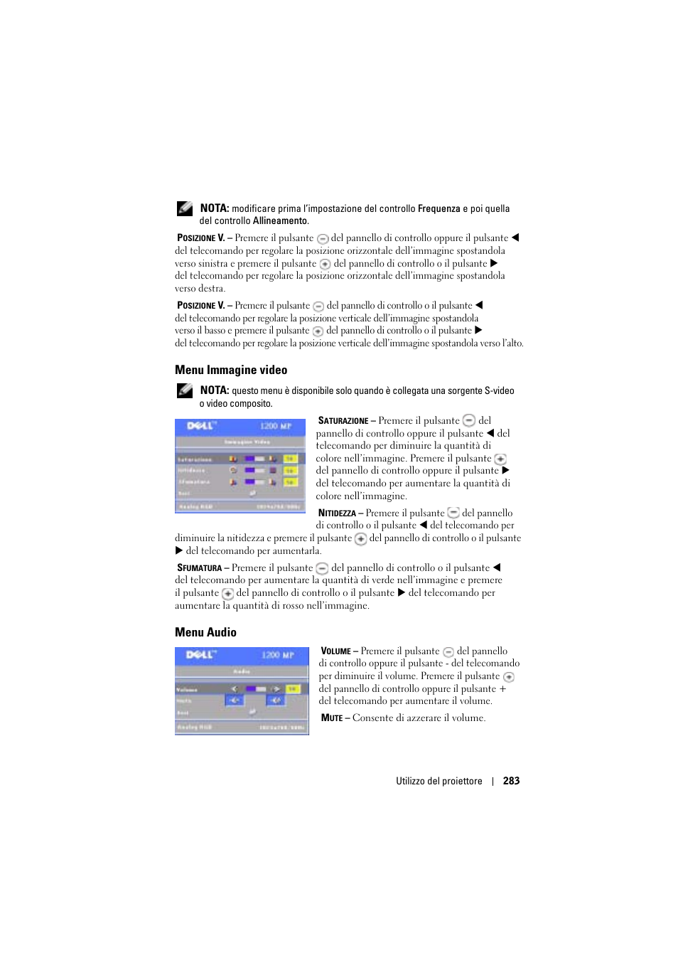 Menu immagine video, Menu audio | Dell Projector 1200MP User Manual | Page 283 / 904