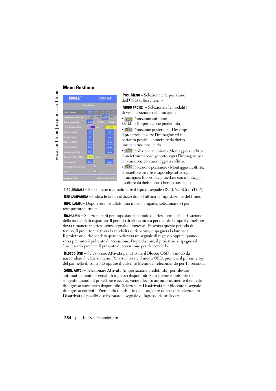 Menu gestione | Dell Projector 1200MP User Manual | Page 284 / 904