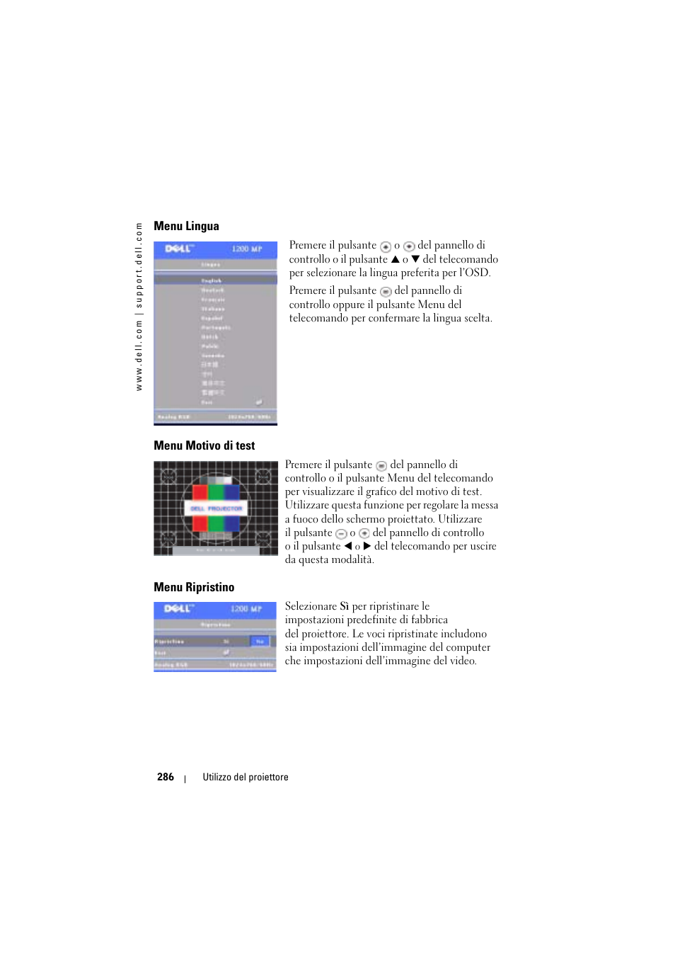 Menu lingua, Menu motivo di test, Menu ripristino | Dell Projector 1200MP User Manual | Page 286 / 904