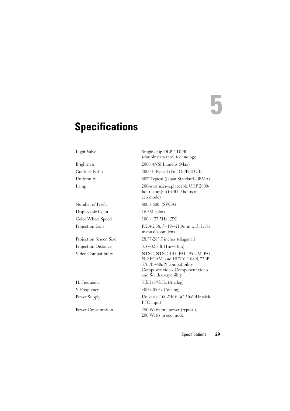 Specifications, 5 specifications | Dell Projector 1200MP User Manual | Page 29 / 904