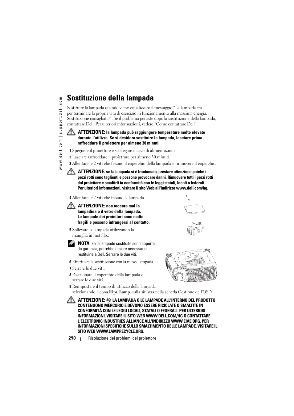 Sostituzione della lampada | Dell Projector 1200MP User Manual | Page 290 / 904