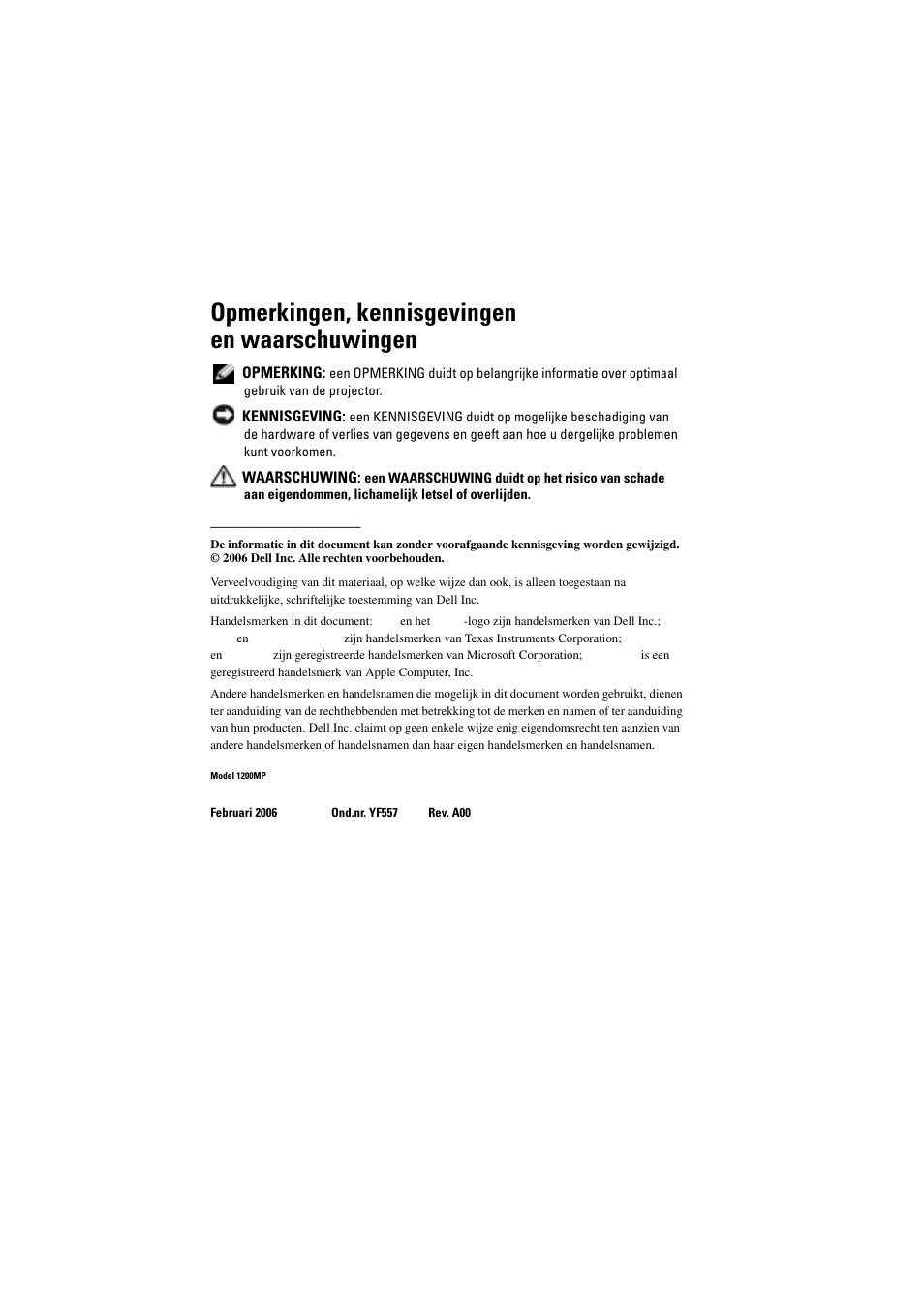 Opmerkingen, kennisgevingen en waarschuwingen | Dell Projector 1200MP User Manual | Page 326 / 904