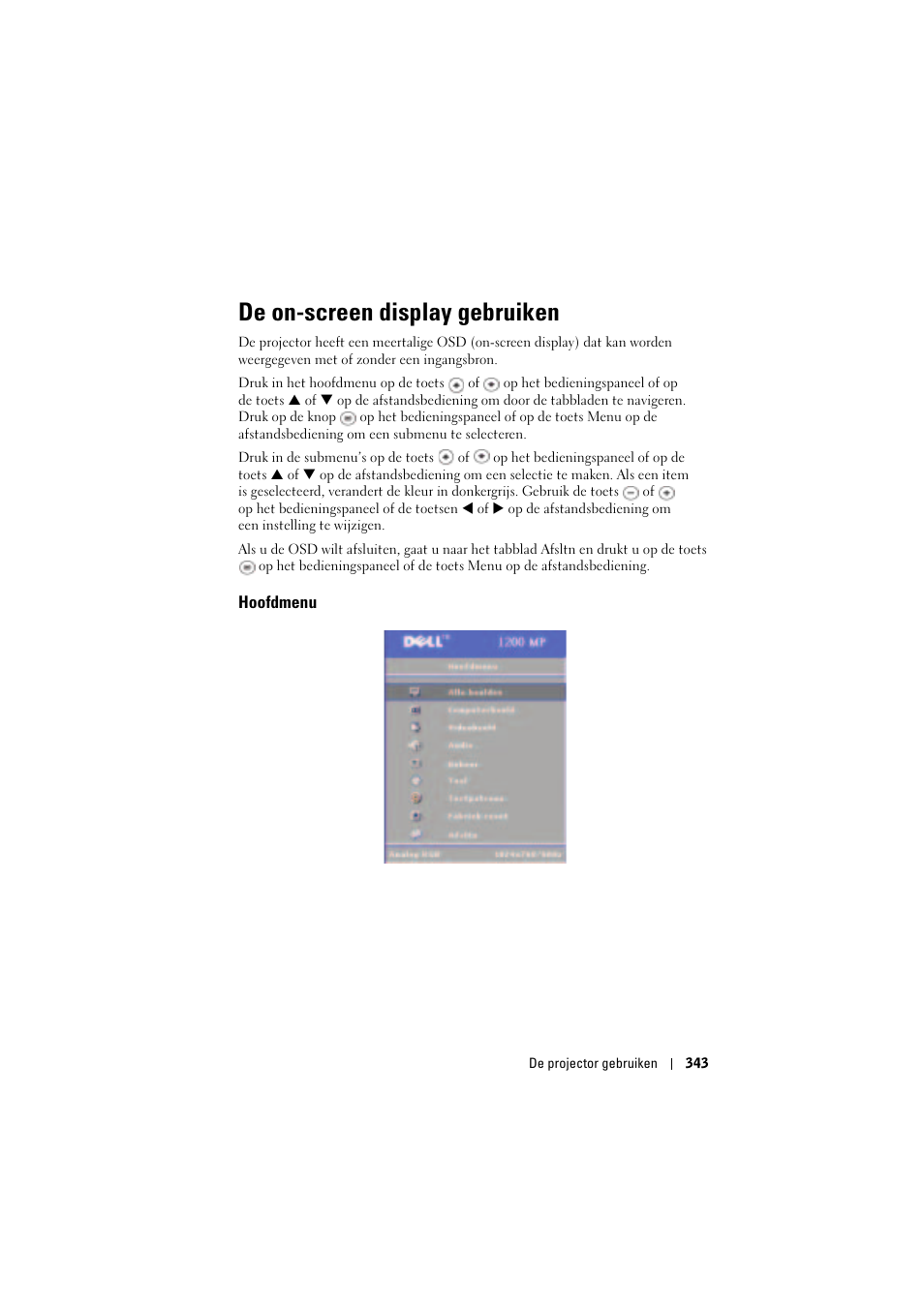 De on-screen display gebruiken, Hoofdmenu | Dell Projector 1200MP User Manual | Page 343 / 904