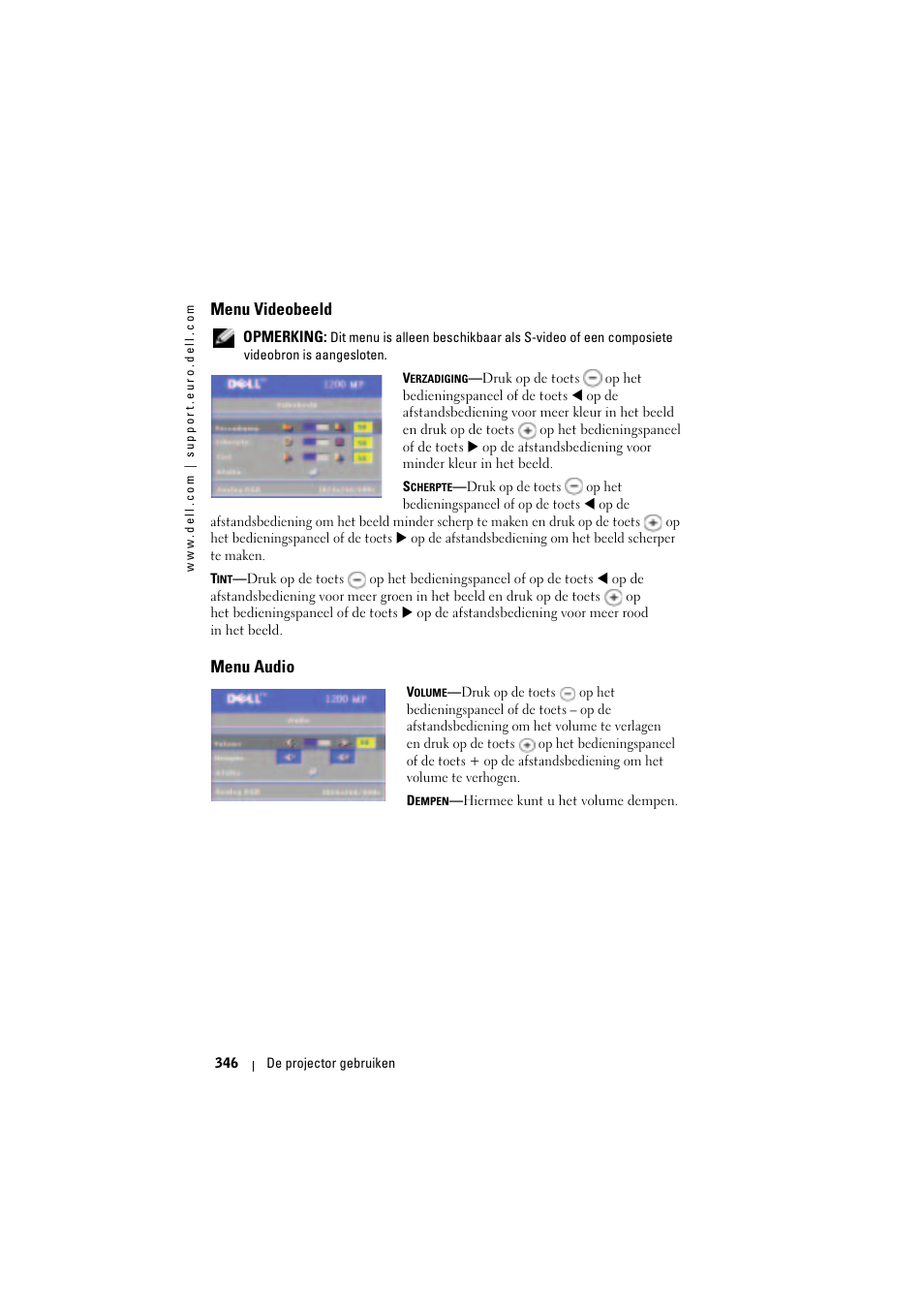 Menu videobeeld, Menu audio | Dell Projector 1200MP User Manual | Page 346 / 904