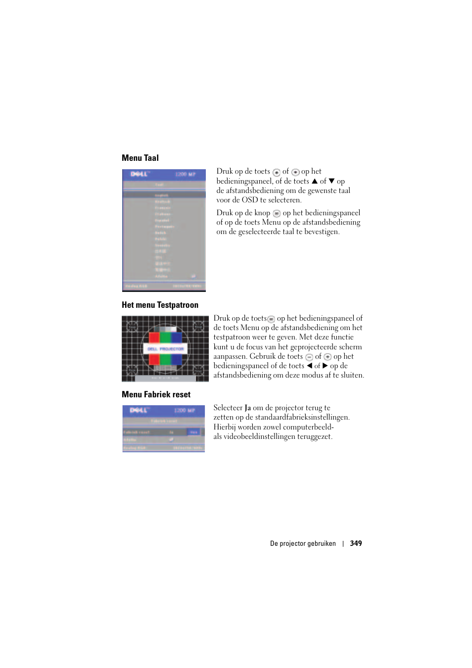 Menu taal, Het menu testpatroon, Menu fabriek reset | Dell Projector 1200MP User Manual | Page 349 / 904