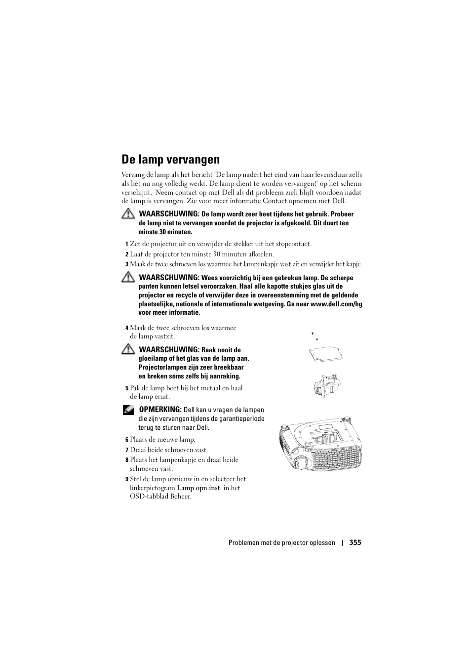 De lamp vervangen | Dell Projector 1200MP User Manual | Page 355 / 904