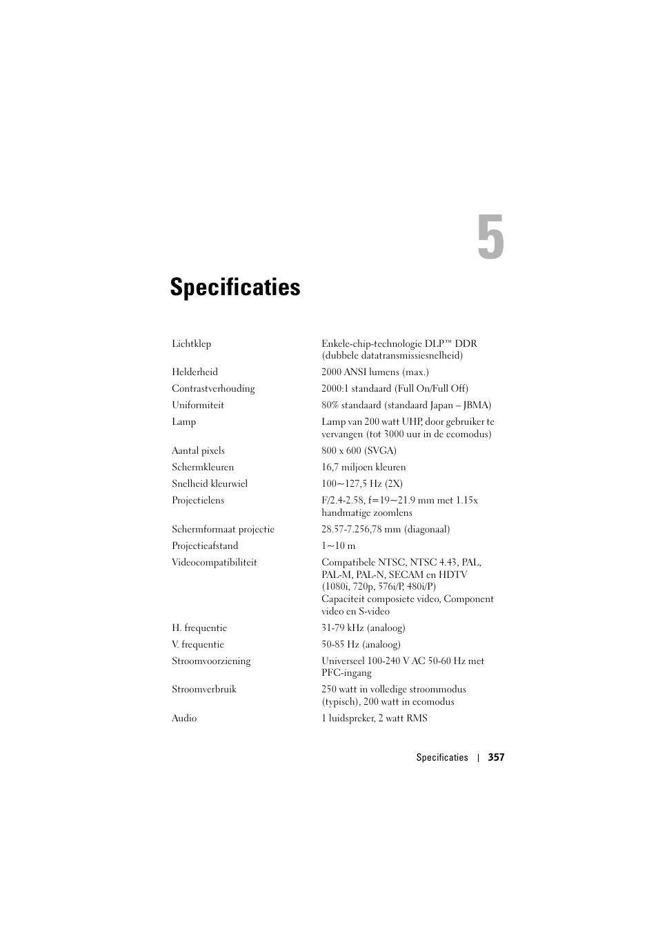 Specificaties, 5 specificaties | Dell Projector 1200MP User Manual | Page 357 / 904