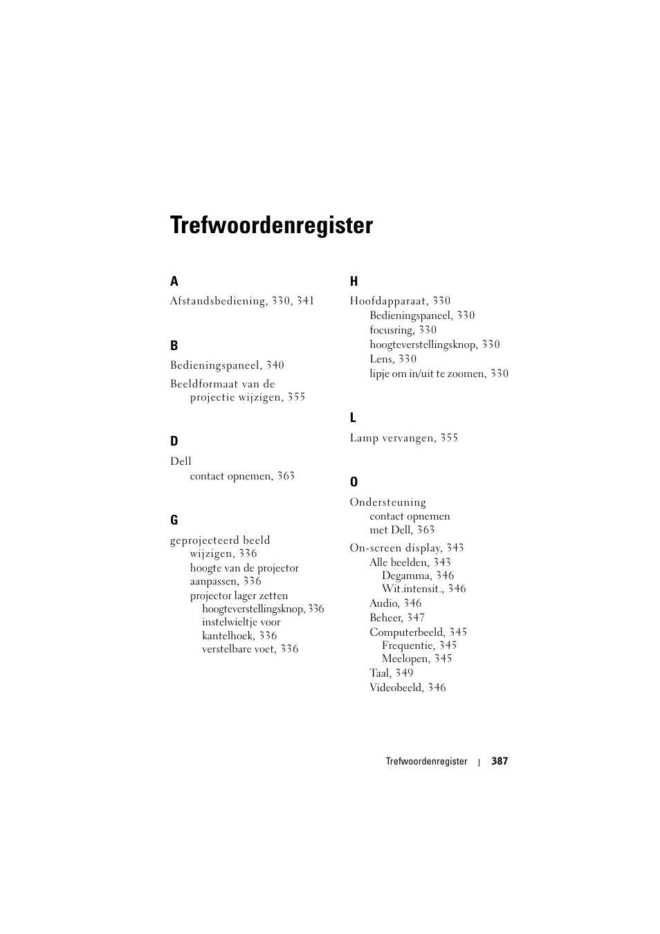 Trefwoordenregister | Dell Projector 1200MP User Manual | Page 387 / 904