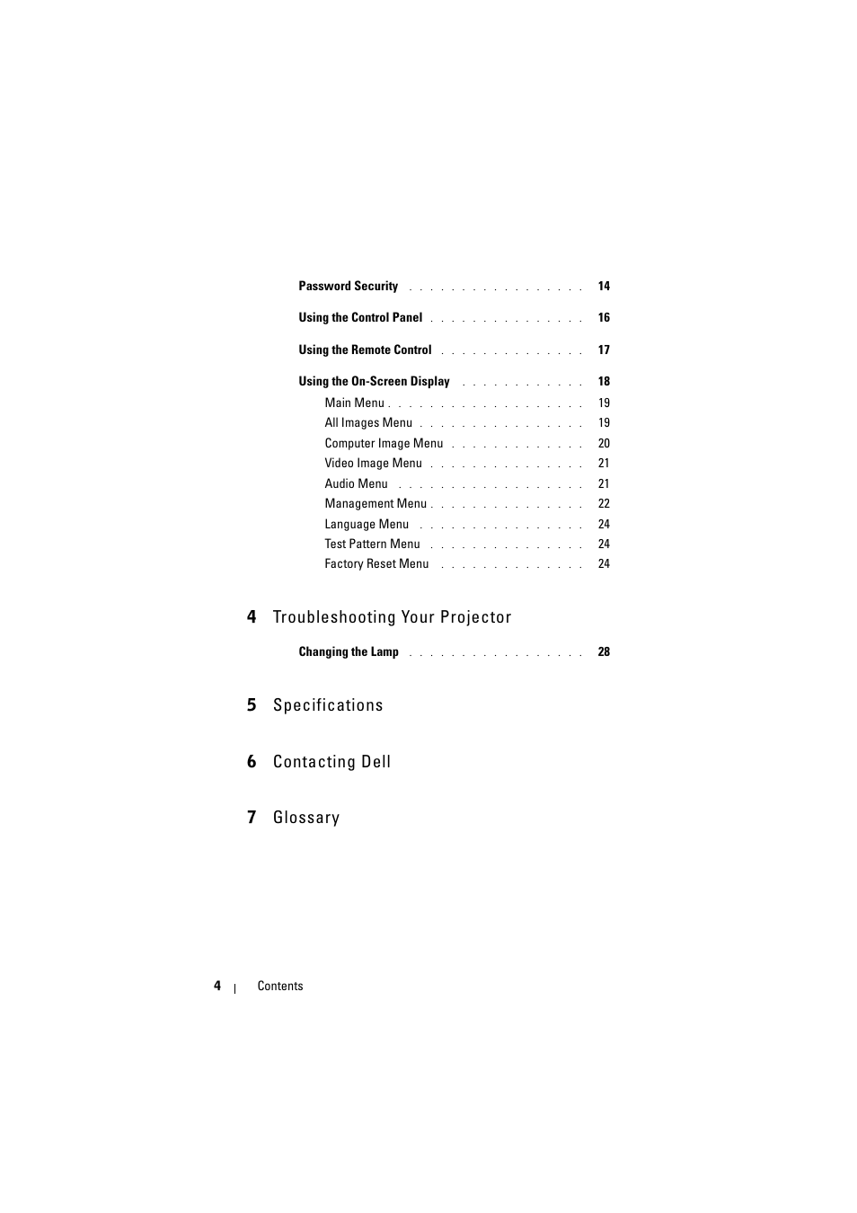 4 troubleshooting your projector, 5 specifications, 6 contacting dell | 7 glossary, 5 specifications 6 contacting dell 7 glossary | Dell Projector 1200MP User Manual | Page 4 / 904