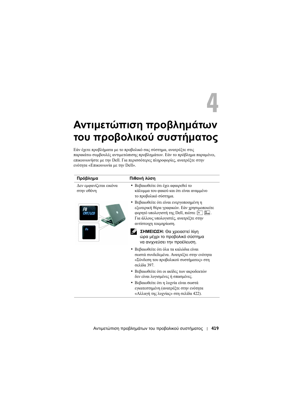 Αντιµετώπιση προβληµάτων του προβολικού συστήµατος, 4 αντιµετώπιση προβληµάτων, Του προβολικού συστήµατος | Dell Projector 1200MP User Manual | Page 419 / 904