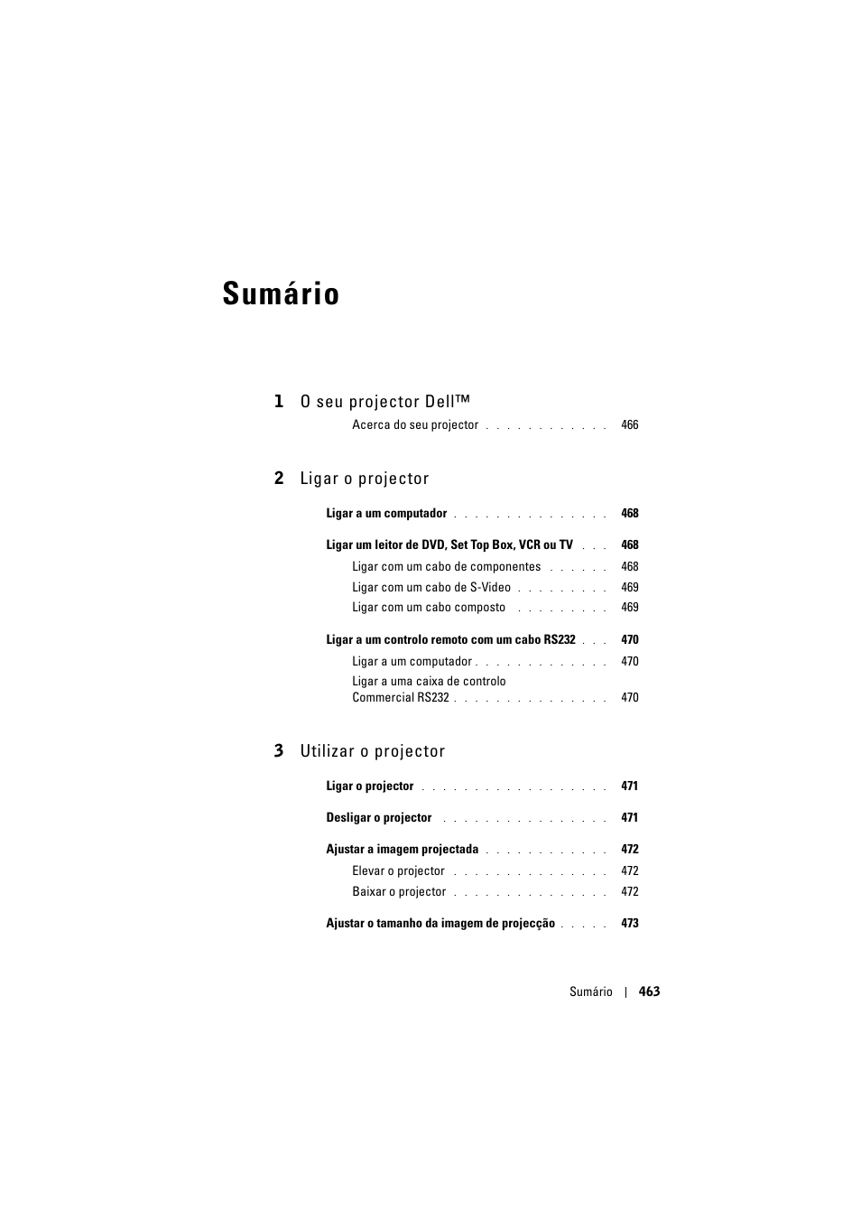 Sumário, 1 o seu projector dell, 2 ligar o projector | 3 utilizar o projector | Dell Projector 1200MP User Manual | Page 463 / 904