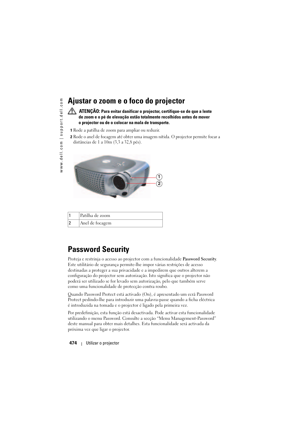 Ajustar o zoom e o foco do projector, Password security | Dell Projector 1200MP User Manual | Page 474 / 904