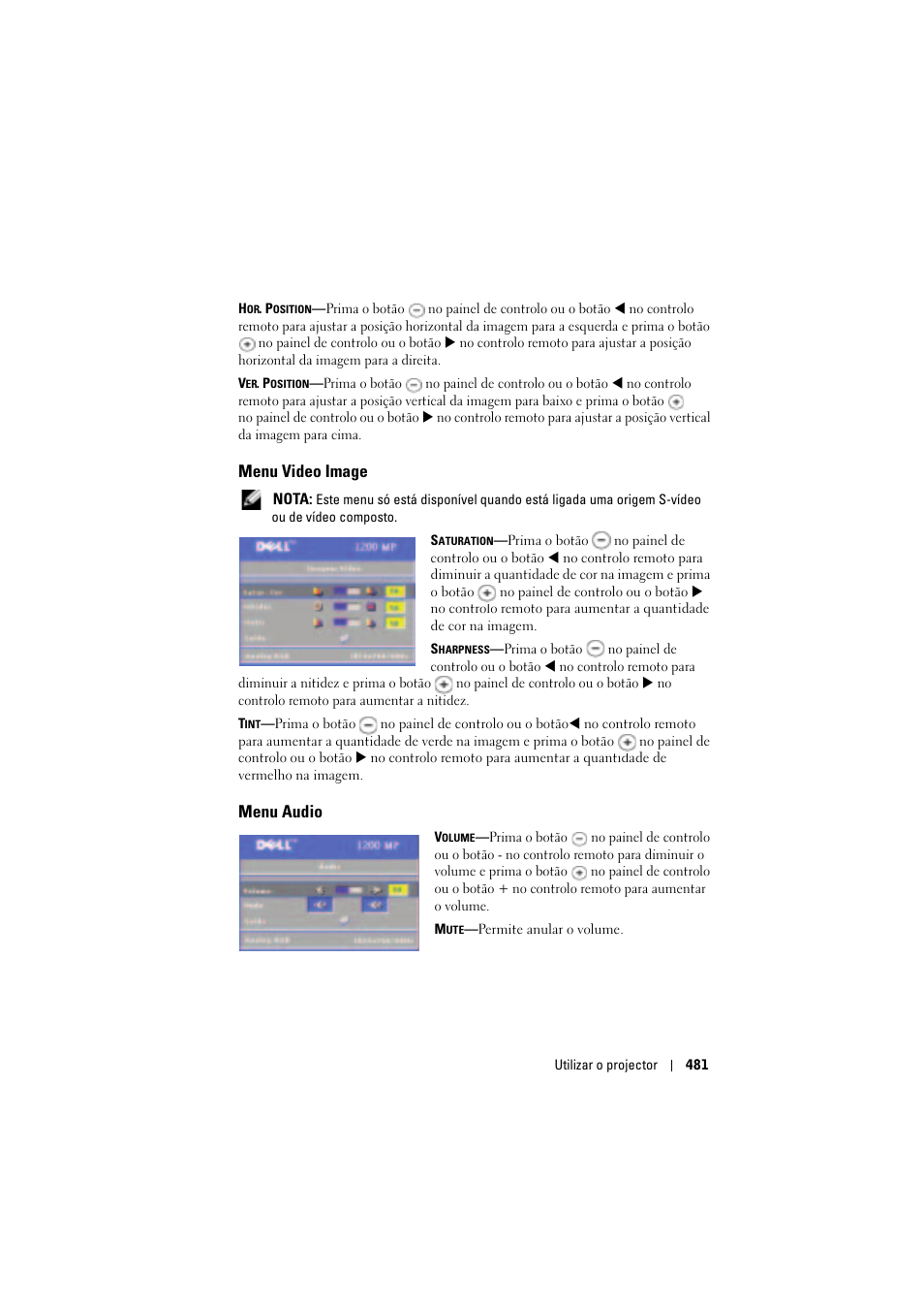 Menu video image, Menu audio | Dell Projector 1200MP User Manual | Page 481 / 904