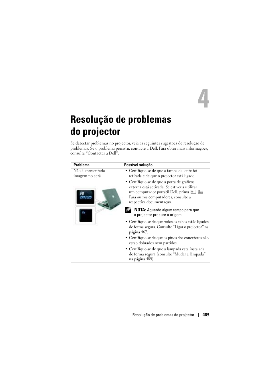 Resolução de problemas do projector, 4 resolução de problemas do projector | Dell Projector 1200MP User Manual | Page 485 / 904