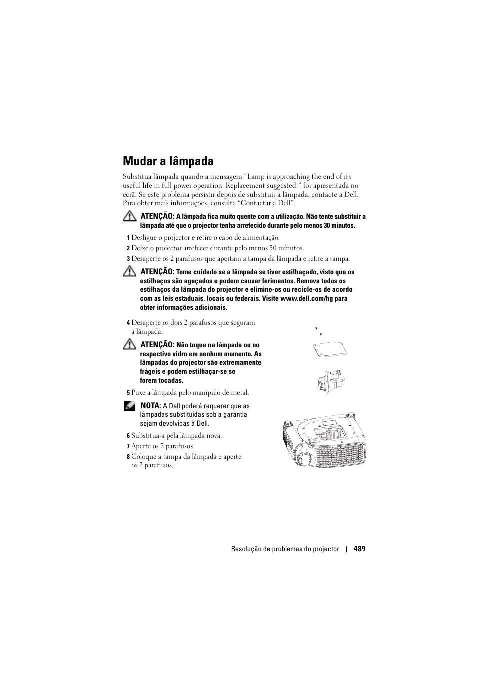 Mudar a lâmpada | Dell Projector 1200MP User Manual | Page 489 / 904