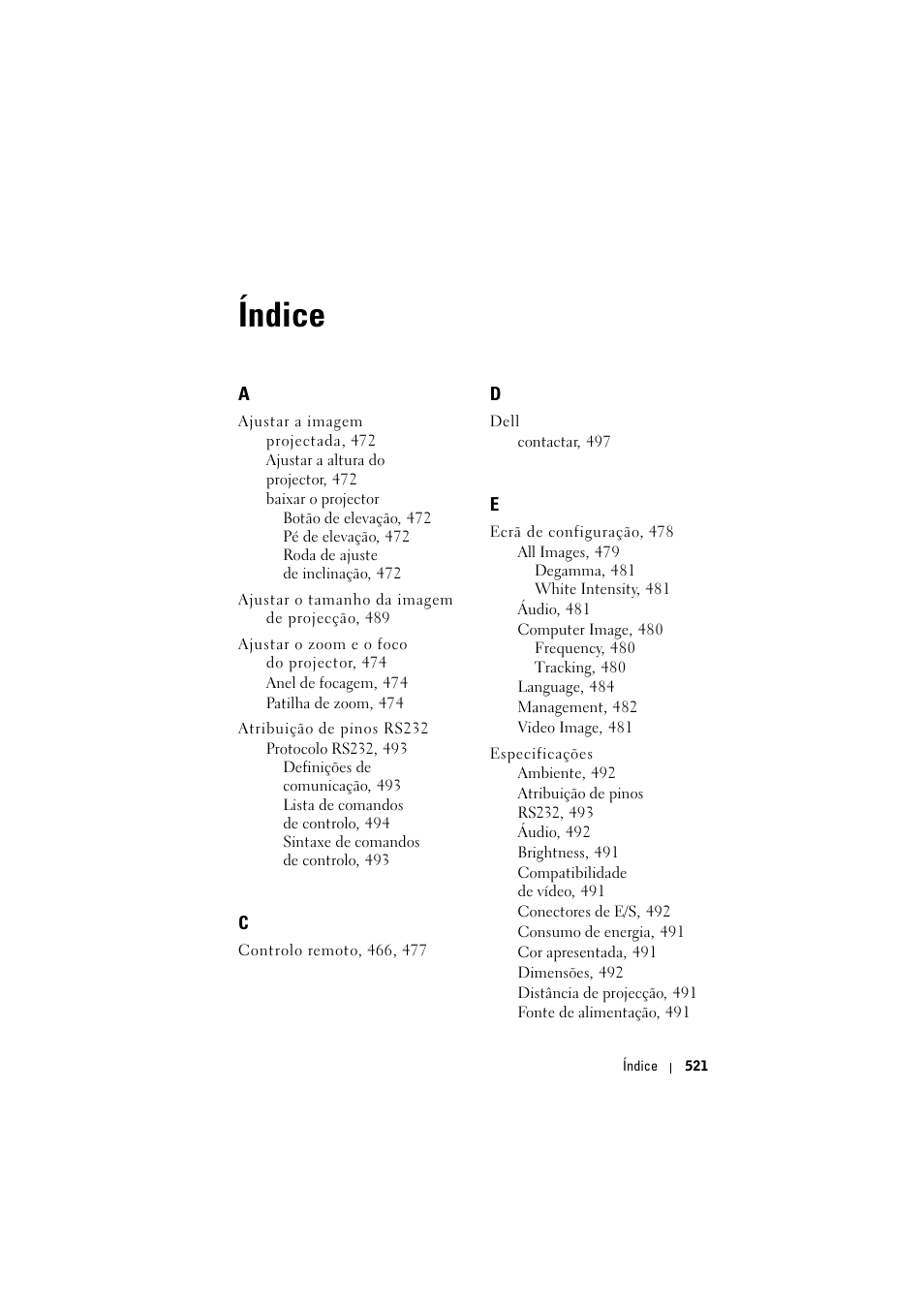 Índice | Dell Projector 1200MP User Manual | Page 521 / 904