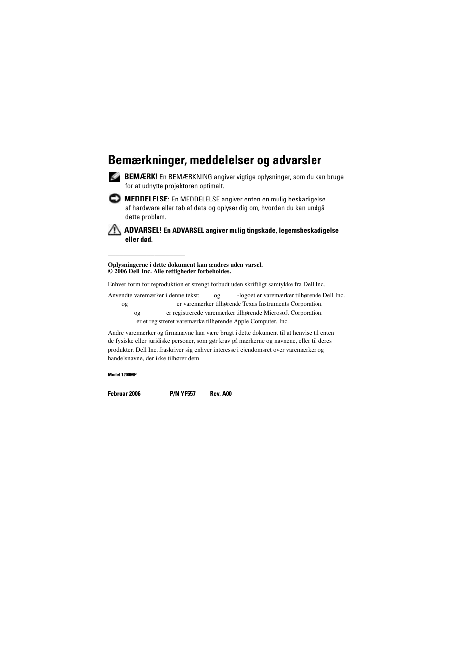 Bemærkninger, meddelelser og advarsler | Dell Projector 1200MP User Manual | Page 526 / 904