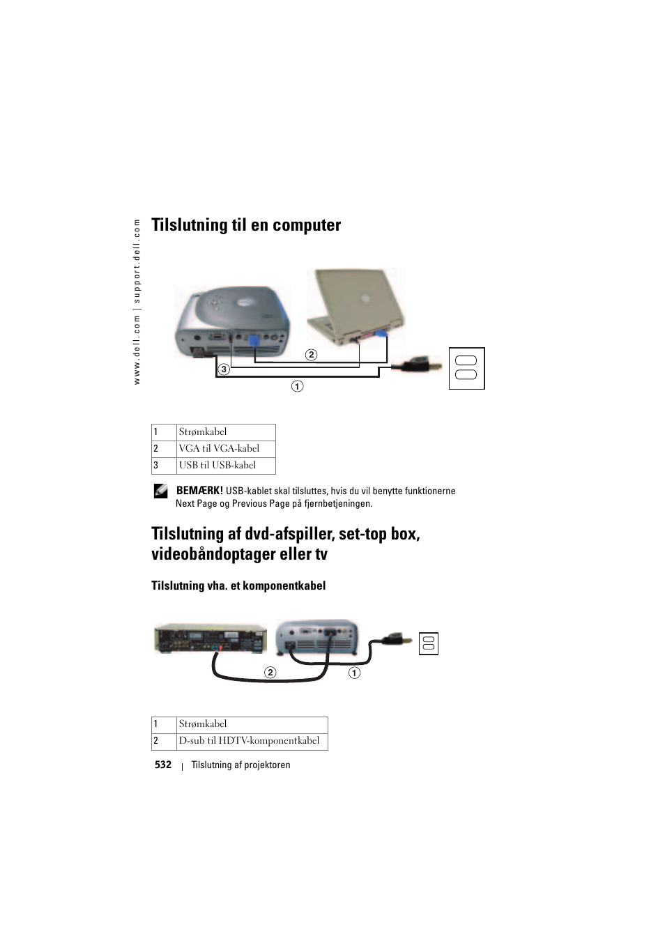 Tilslutning til en computer, Tilslutning vha. et komponentkabel | Dell Projector 1200MP User Manual | Page 532 / 904