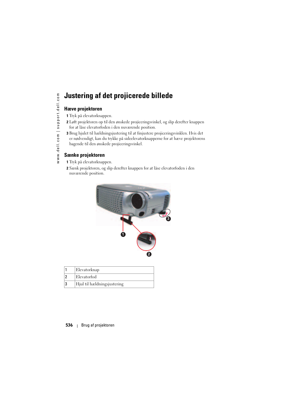 Justering af det projicerede billede, Hæve projektoren, Sænke projektoren | Dell Projector 1200MP User Manual | Page 536 / 904