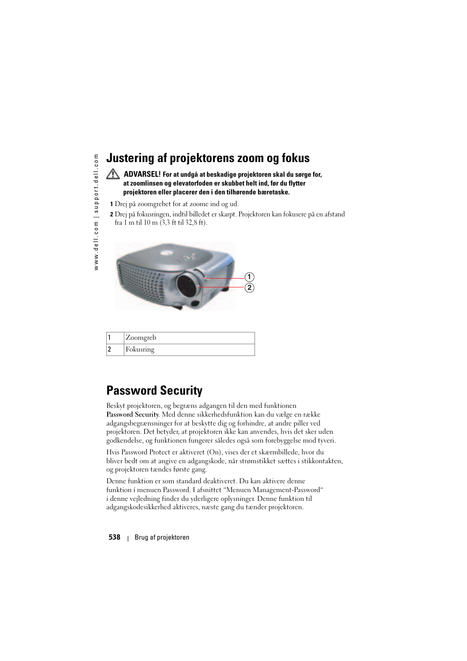 Justering af projektorens zoom og fokus, Password security | Dell Projector 1200MP User Manual | Page 538 / 904