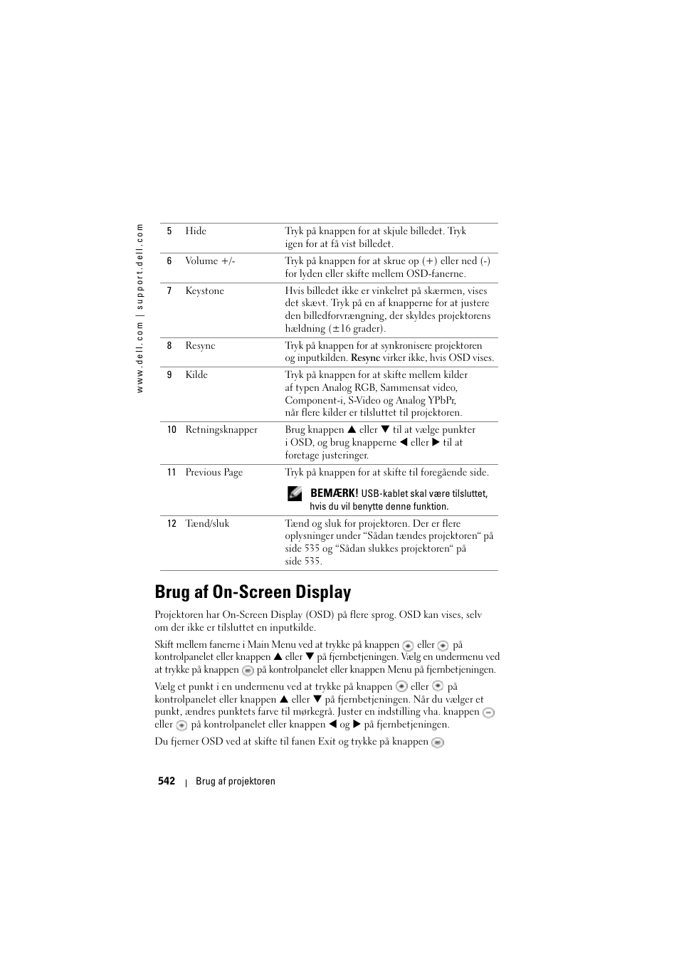 Brug af on-screen display | Dell Projector 1200MP User Manual | Page 542 / 904