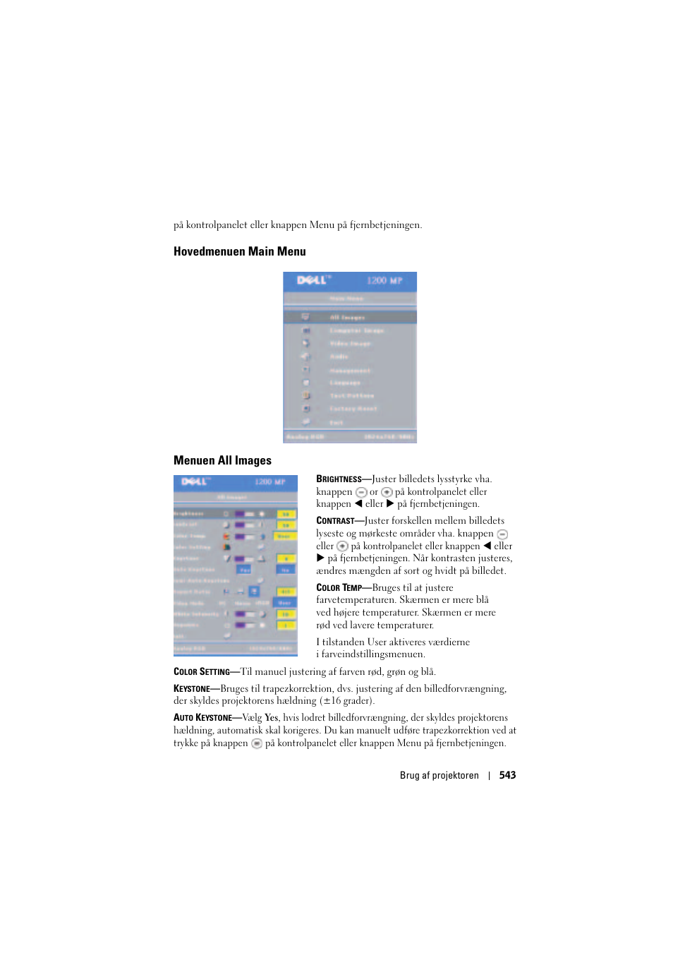 Hovedmenuen main menu, Menuen all images | Dell Projector 1200MP User Manual | Page 543 / 904