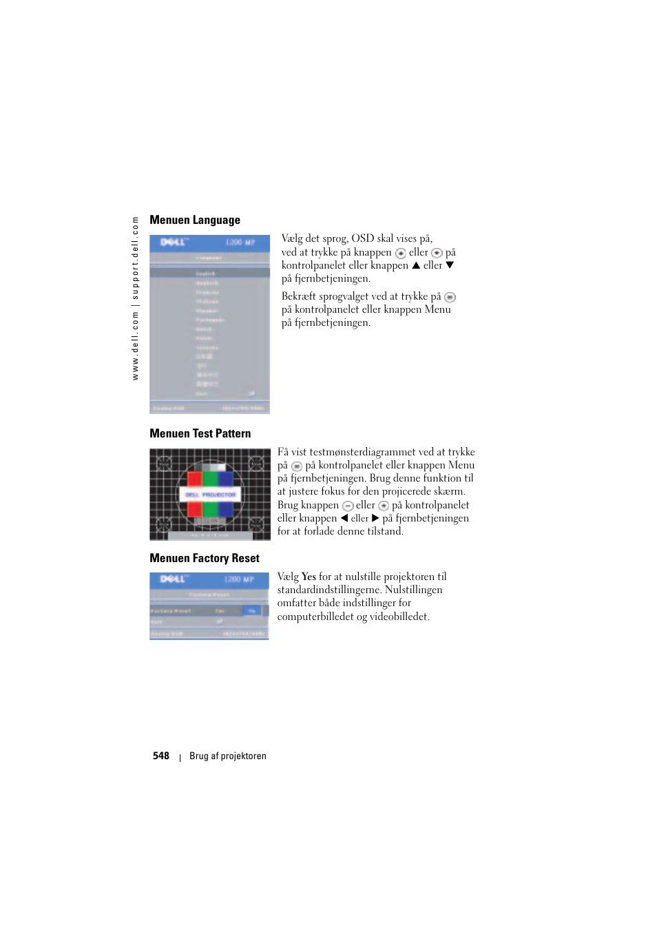 Menuen language, Menuen test pattern, Menuen factory reset | Dell Projector 1200MP User Manual | Page 548 / 904