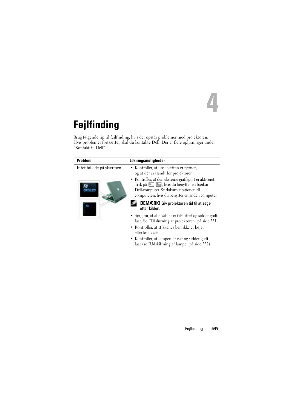 Fejlfinding, 4 fejlfinding | Dell Projector 1200MP User Manual | Page 549 / 904