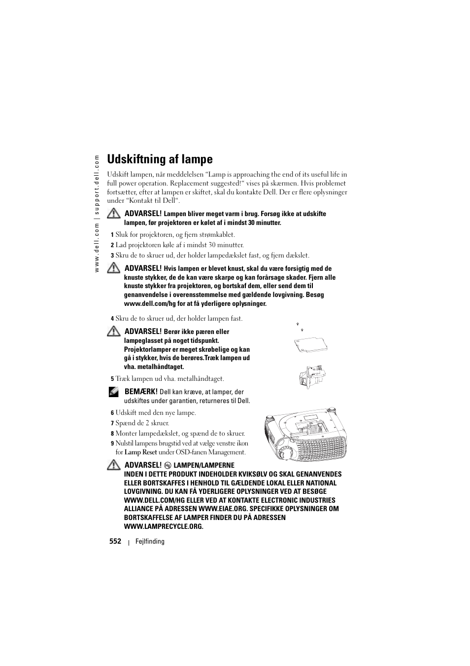 Udskiftning af lampe | Dell Projector 1200MP User Manual | Page 552 / 904