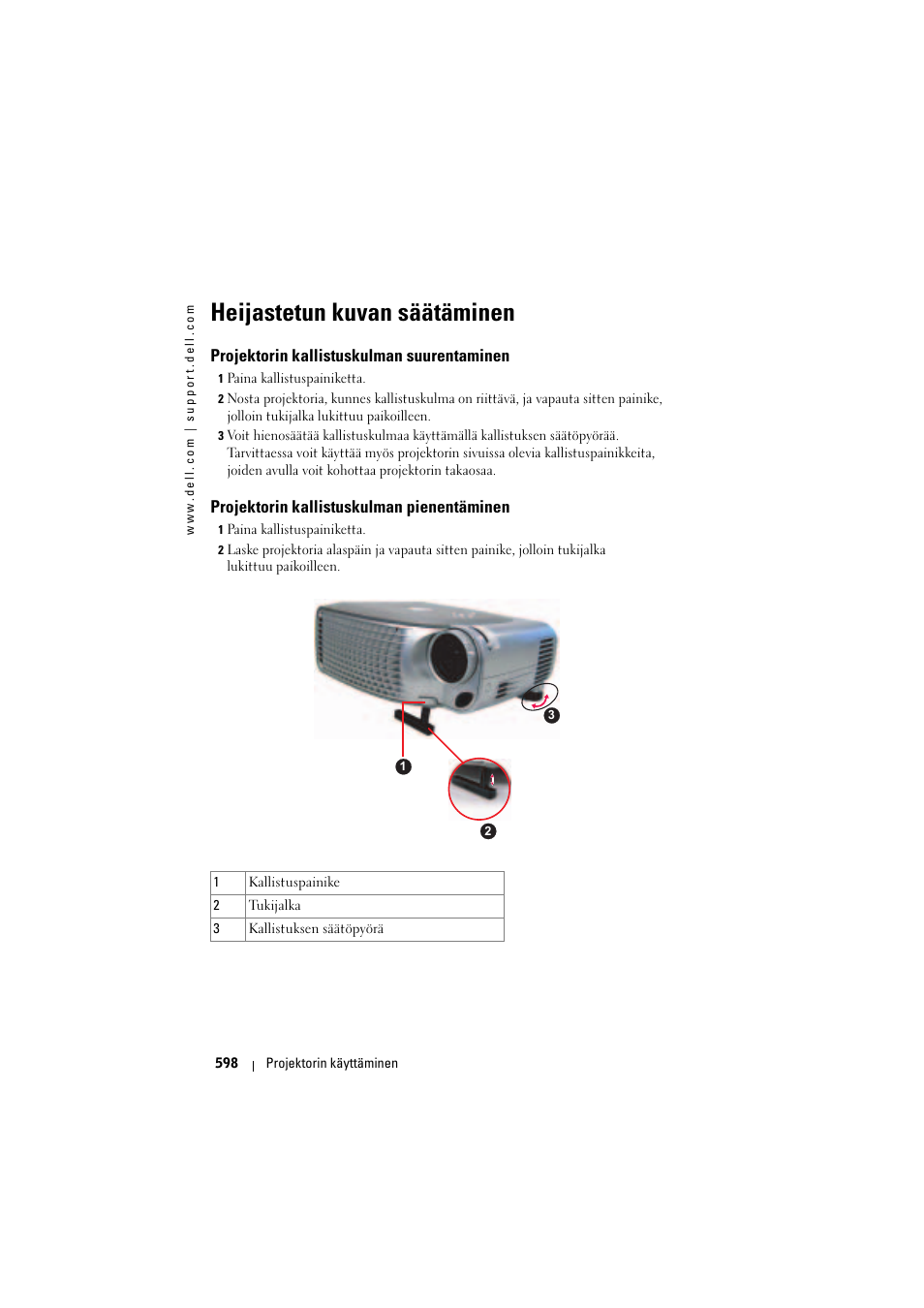 Heijastetun kuvan säätäminen, Projektorin kallistuskulman suurentaminen, Projektorin kallistuskulman pienentäminen | Dell Projector 1200MP User Manual | Page 598 / 904